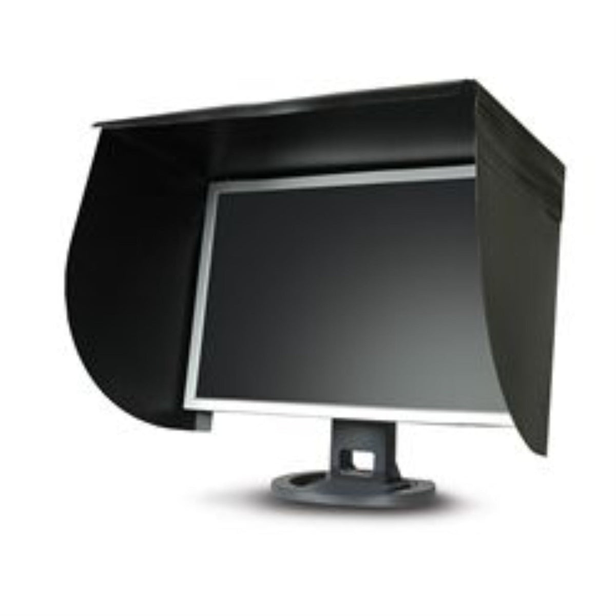 a left angle view of a black plastic monitor hood attached to a Dell desktop monitor