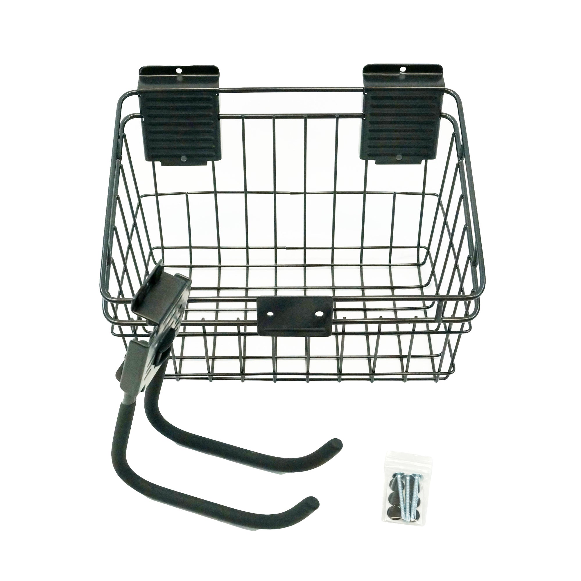 a black metal basket with a rectangular shape and a depth to hold several items, the back of the basket are two wall hooks with a screw hole designed for mounting onto a wall. Overlapping the basket on the left side is a J shaped hook featuring a rectangular metal piece with ridged pieces of metal on the sides and top for placement on a slatwall hutch. Below the basket, on the right, there’s a small clear plastic pack containing screws and wall anchors for securing the hooks and the basket onto the wall.