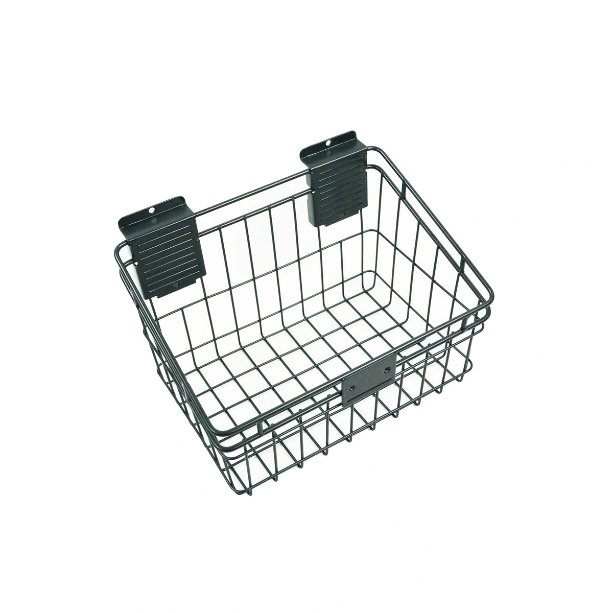 a medium sized black metal basket with a rectangular shape and a depth to hold several items, the back of the basket has two wall hooks with a screw hole