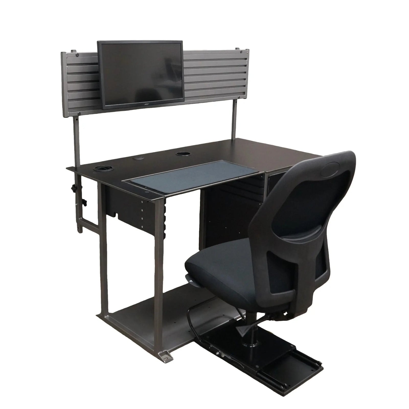Angled view of the VanGo 611 Vehicle Desk on a white background. The VanGo Desk transforms cargo or passenger vans into mobile offices with ergonomic workspaces. Road-tested, the VanGo 611 has the durability you need.