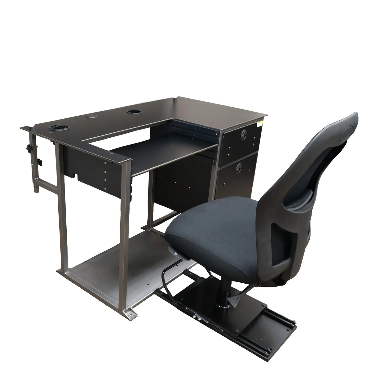 The VanGo 611 Vehicle Desk with an office chair and sliding seat base making for a perfect mobile office.