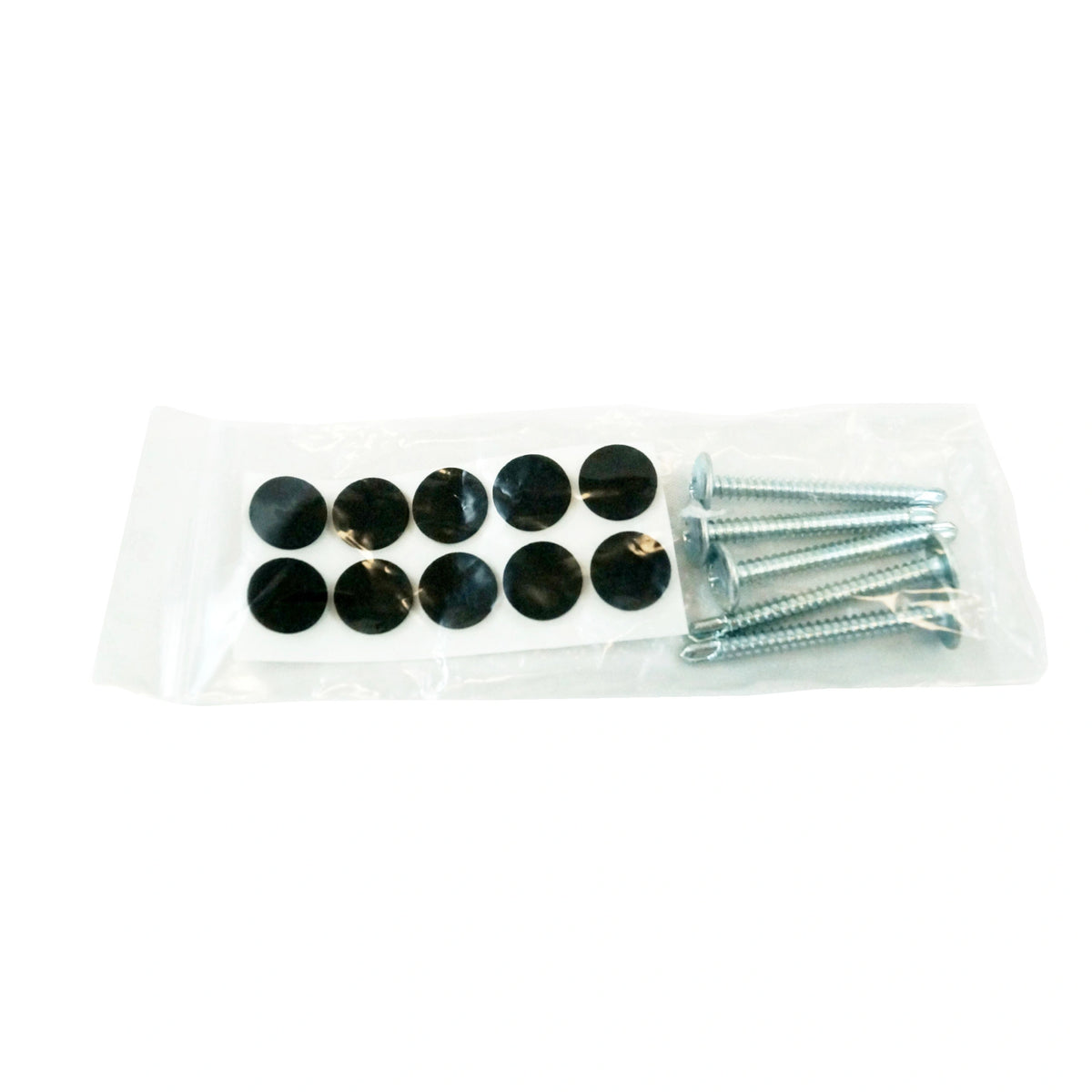 a small plastic bag with 10 black round foam stickers for support and 5 large silver screws within