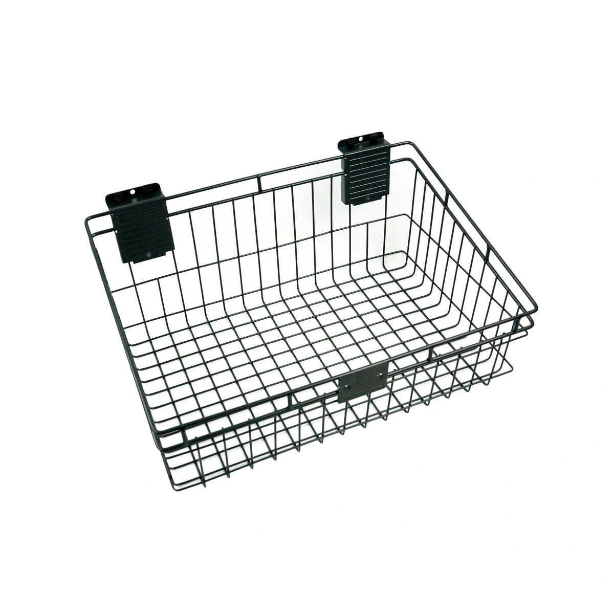 a large black metal basket with a rectangular shape and a depth to hold several items, the back of the basket has two wall hooks with a screw hole