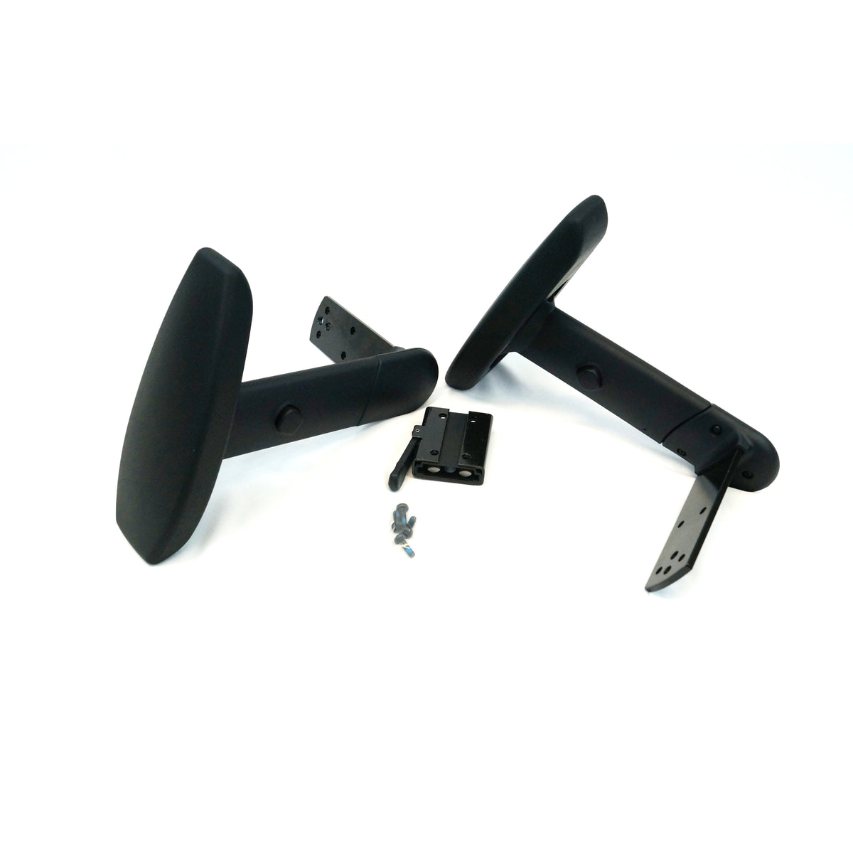 Two black, plastic armrests lying on a white surface. The armrests are positioned with the larger, rounded parts facing upwards and the attachment points with screw holes visible. Also present are two metal brackets and four screws placed between the armrests. These components are used in the installation or replacement of the armrests. 