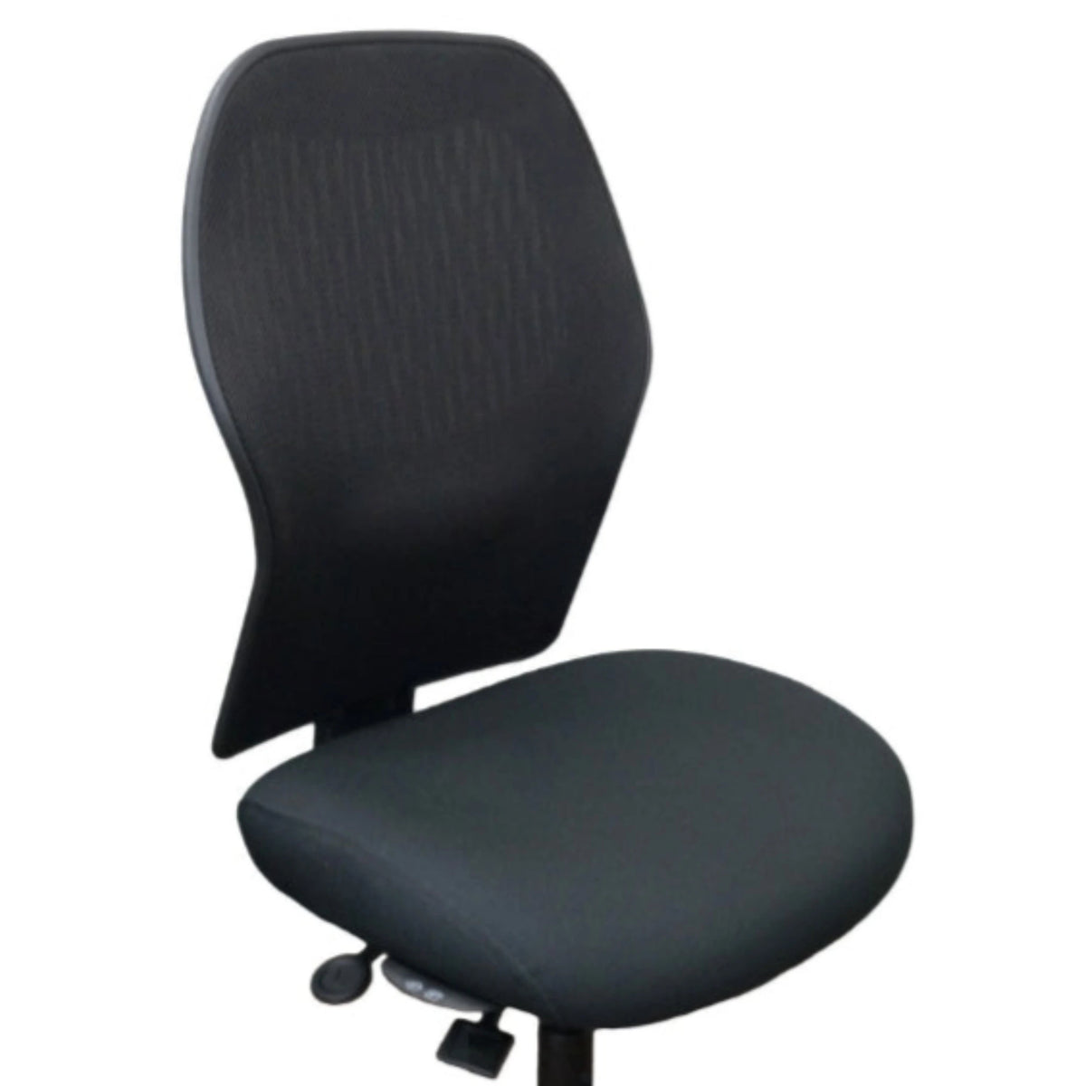 An ergonomic office chair with a black mesh backrest and a padded seat, featuring an adjustable height lever on the right side