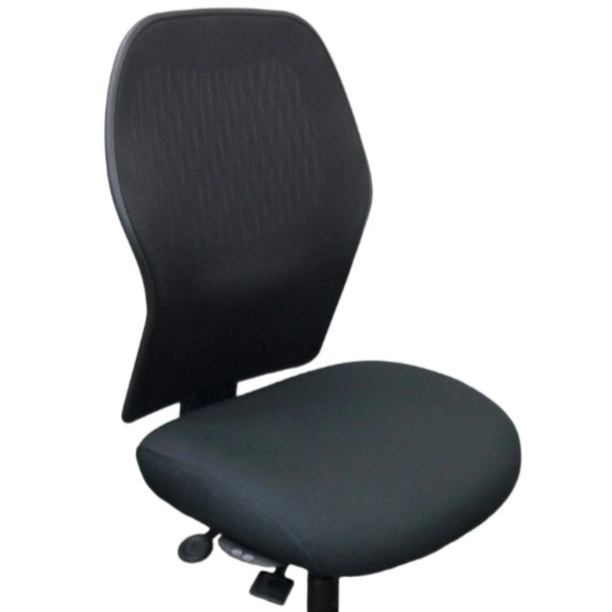 An ergonomic office chair with a black mesh backrest and a padded seat, featuring an adjustable height lever on the right side