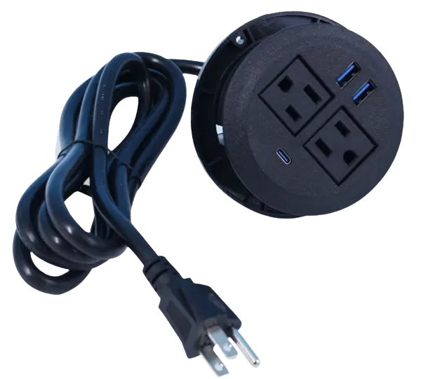  Black Power Grommet with 2 plugs, 2 USBs, 1 USB-Cs, and a 3-prong power cord