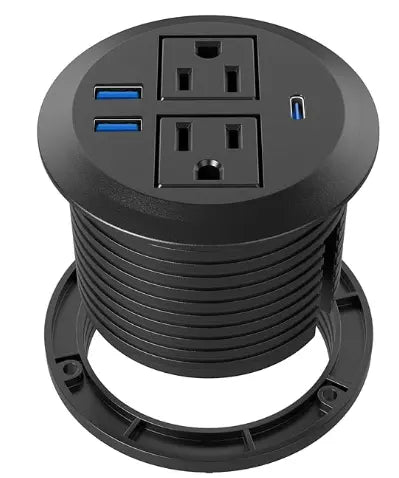  Black Power Grommet with 2 plugs, 2 USBs, and 1 USB-Cs