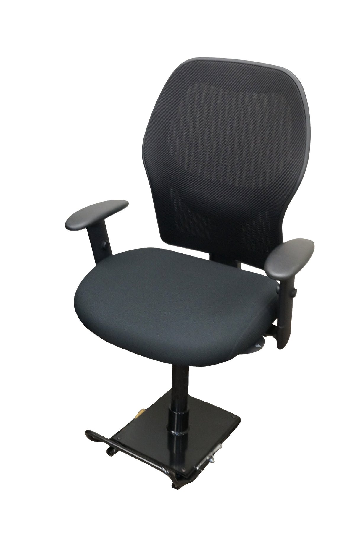 a black office chair with arms mounted to a black, square-shaped sliding seat base featuring a central cylindrical attachment and a metal handle attached to one side