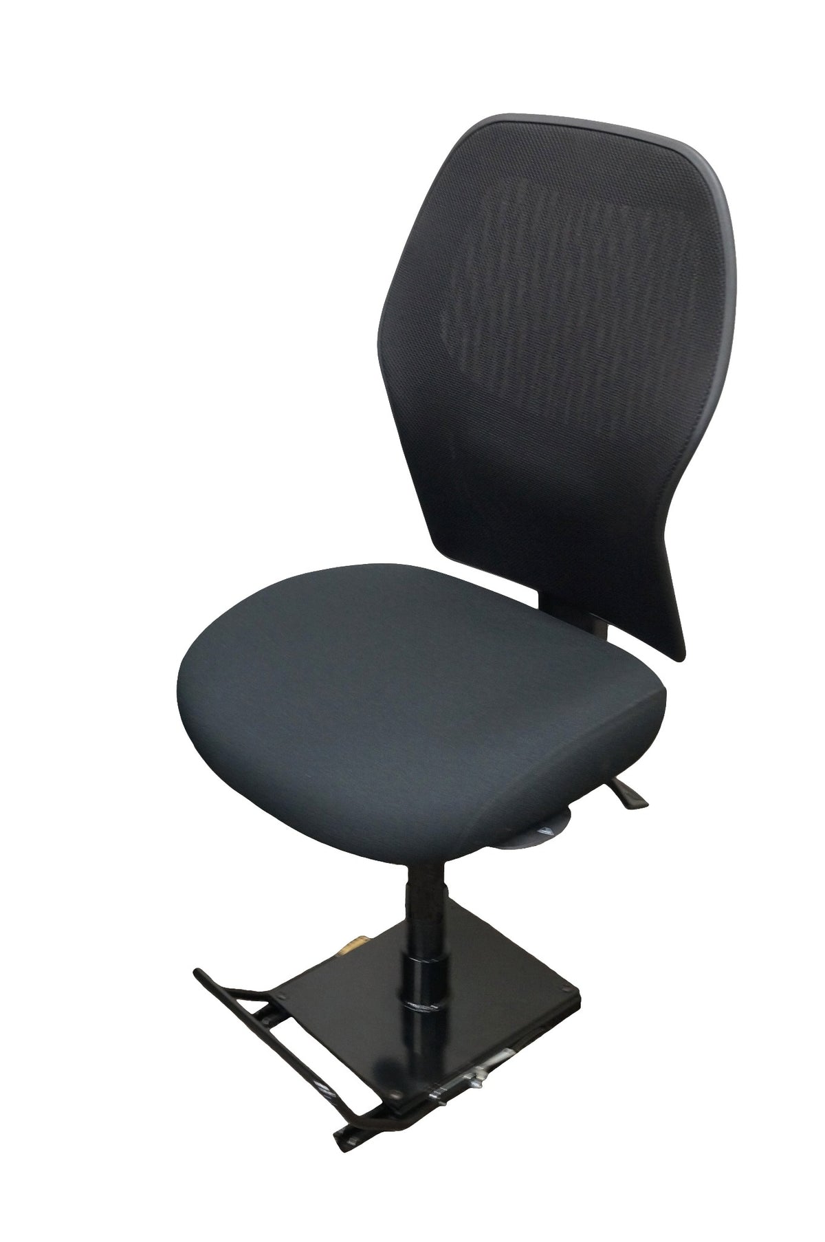 a black office chair mounted to a black, square-shaped sliding seat base featuring a central cylindrical attachment and a metal handle attached to one side