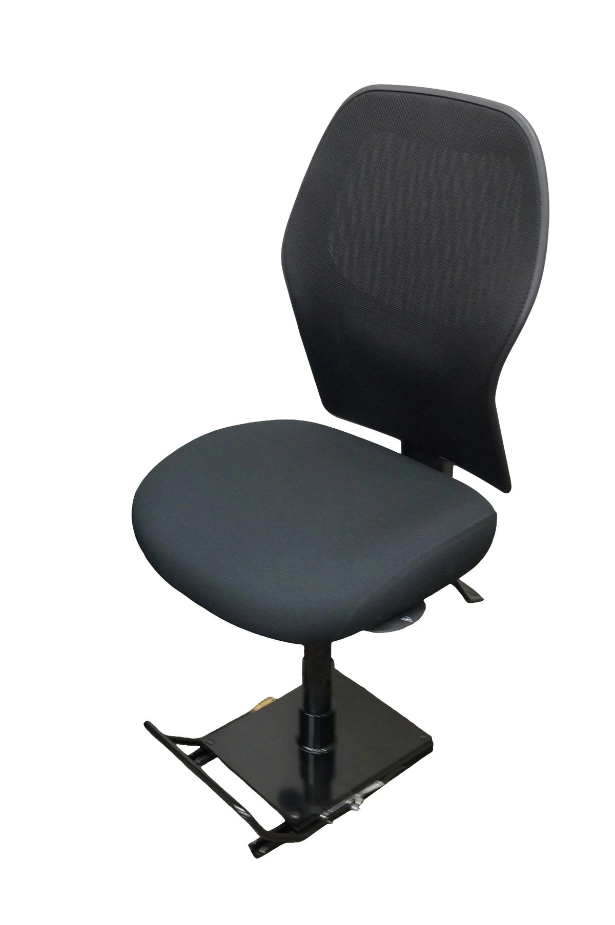 a black office chair with arms mounted to a black, square-shaped sliding seat base featuring a central cylindrical attachment and a metal handle attached to one side