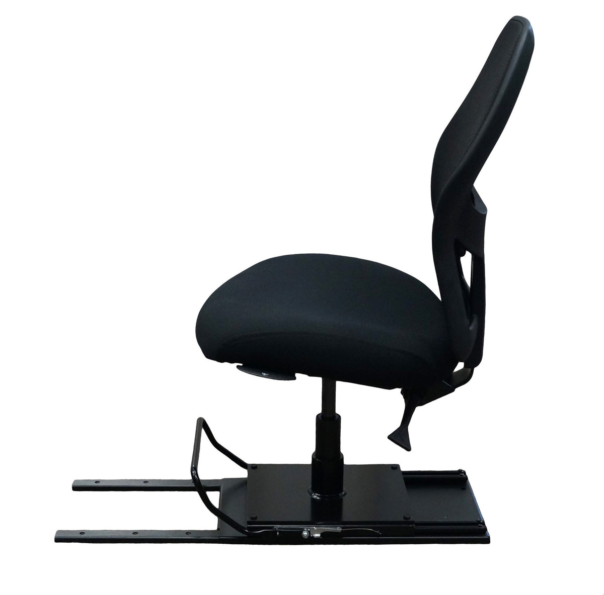 a VanGo Sliding Seat Assembly with a sideway view of mounted black office chair. The sliding seat assembly has a central vertical post, a flat horizontal seat base, and two parallel metal tracks extending from the front edge. There’s a handle on the right side for adjusting the seat position