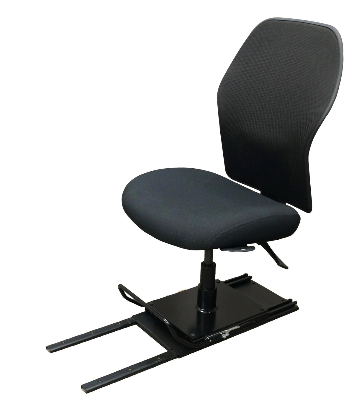 a VanGo Sliding Seat Assembly with a mounted black office chair. The sliding seat assembly has a central vertical post, a flat horizontal seat base, and two parallel metal tracks extending from the front edge. There’s a handle on the right side for adjusting the seat position