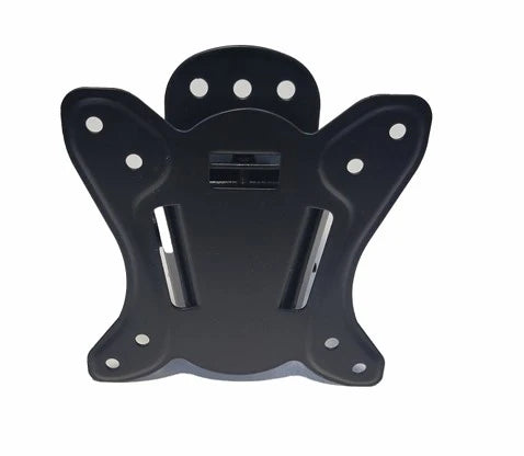 front view of black computer monitor mount with two screw holes in each corner