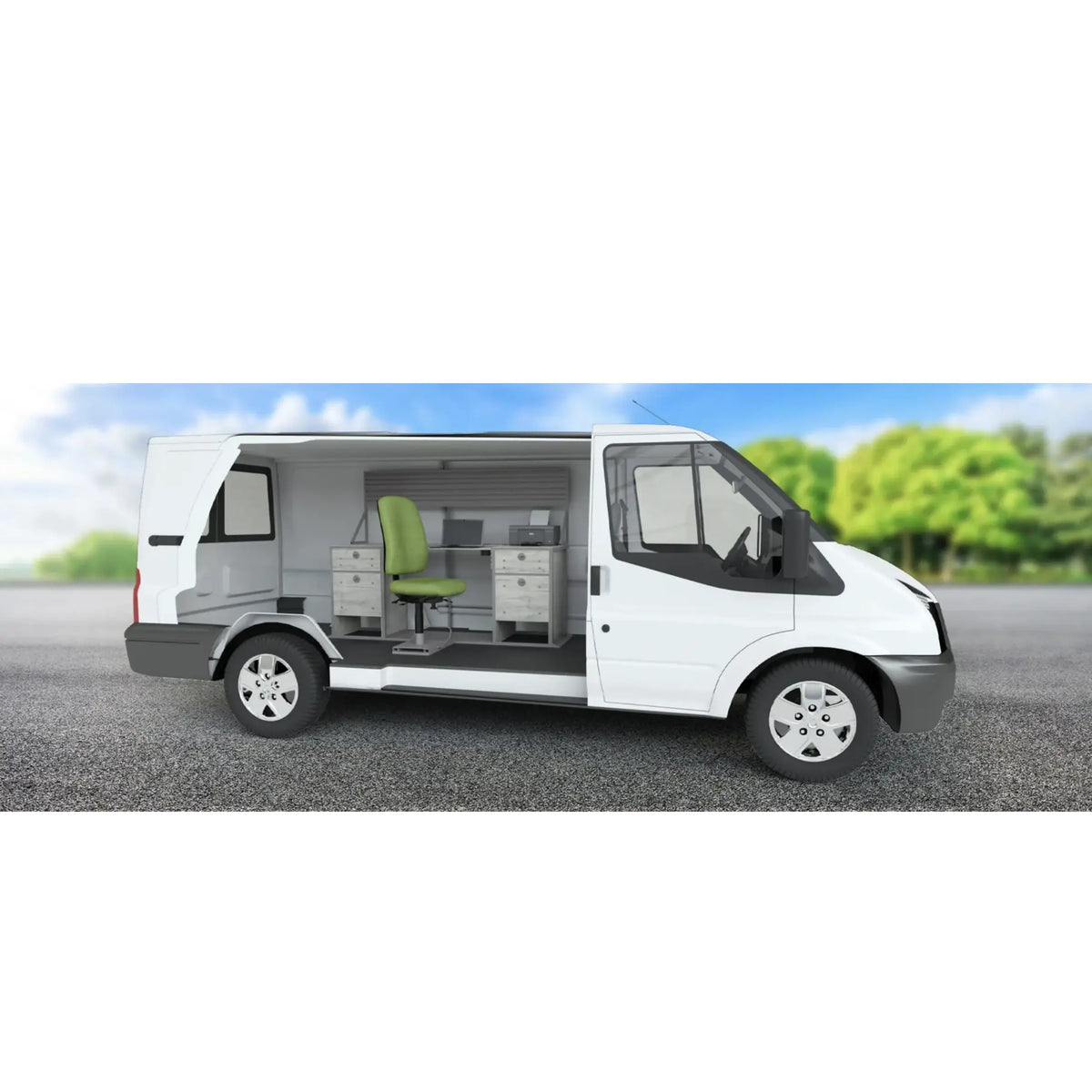 An illustration of what our VanGo 801 Vehicle desk looks like in a van 
