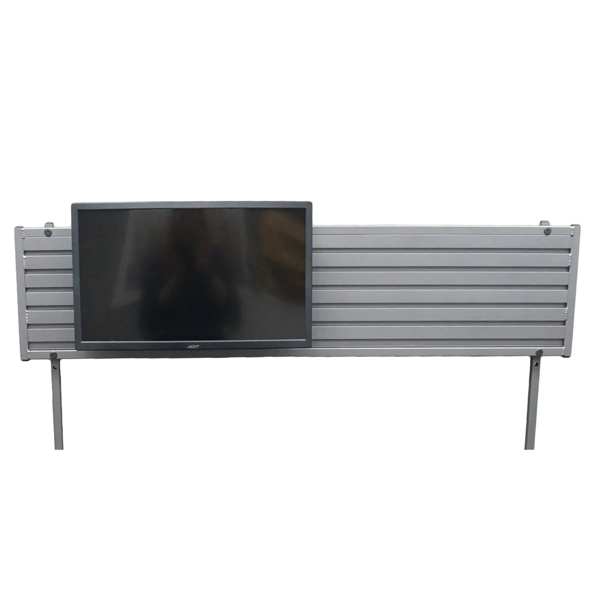 VanGo 611 Slatwall Hutch with a monitor mounted to it. The Slatwall Hutch is a great addition to your VanGo 611 as you can ass monitors and baskets to save space at your mobile office.