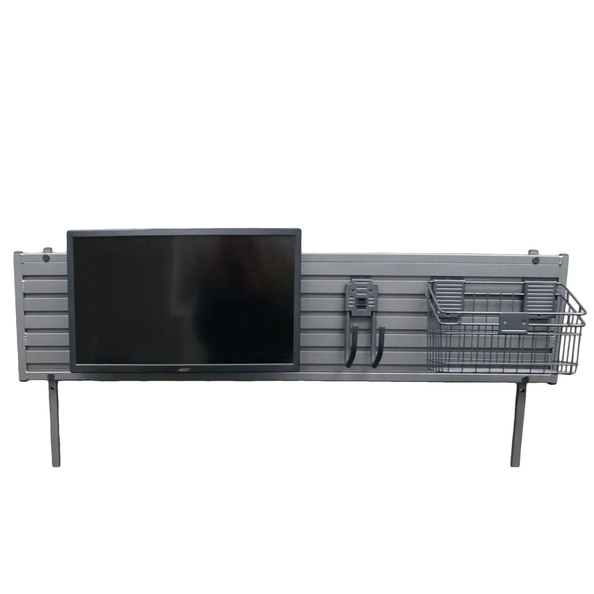 VanGo 611 desk Slatwall Hutch making great use of the space with a monitor, J-hook, and slatwall basket