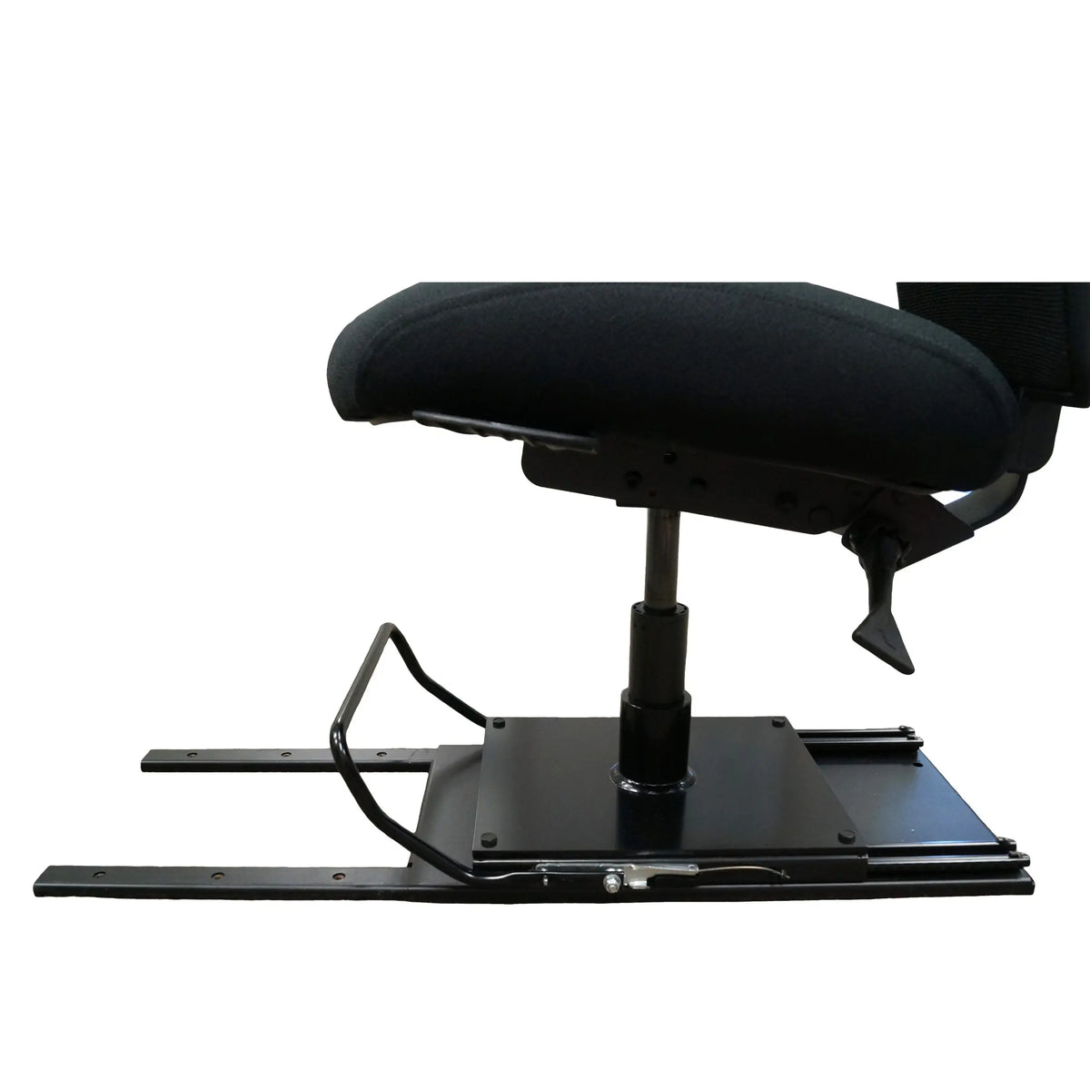 Zoomed-in side view of The VanGo Sliding Seat Assembly. allows for Secure Installation: Connecting directly to the desk with additional floor mount points.