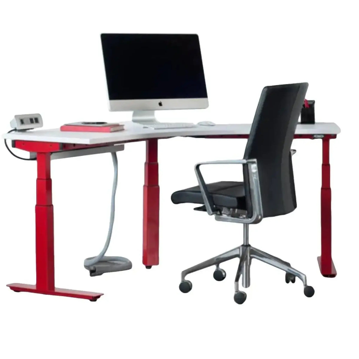 Modern desk setup with a Vertical Mesh Cable Sleeve organizing loose cables.