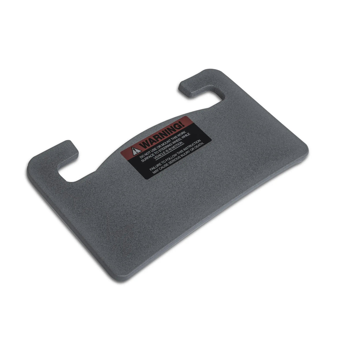 Gray car mat with a warning label on a white background
