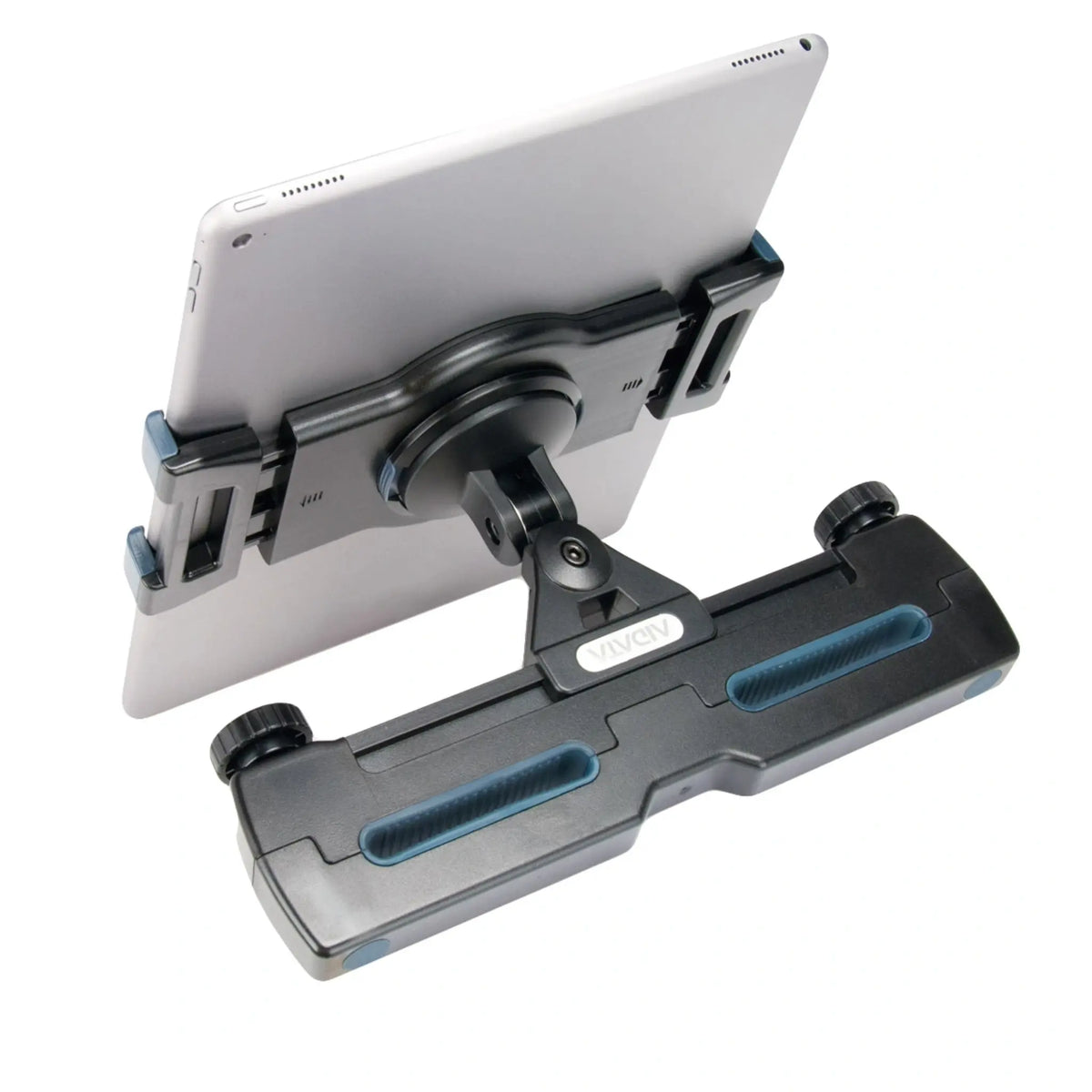 Black Universal Tablet Car Headrest Mount (XL) horizontally holding a tablet.