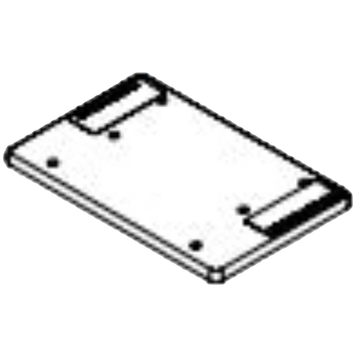 Illustration of an AKP Adaptor Plate, a rectangular metal plate with various holes and cutouts for mounting purposes