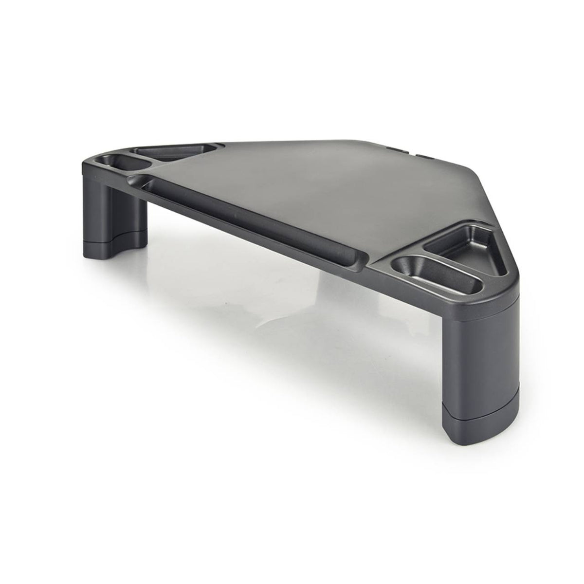 a sturdy black plastic corner monitor stand with a slightly angled flat top and rounded edges. There are 3 legs, two at the base and one at the angled top. It features 4 recessed areas on the surface for small office supplies and a device slot at the end