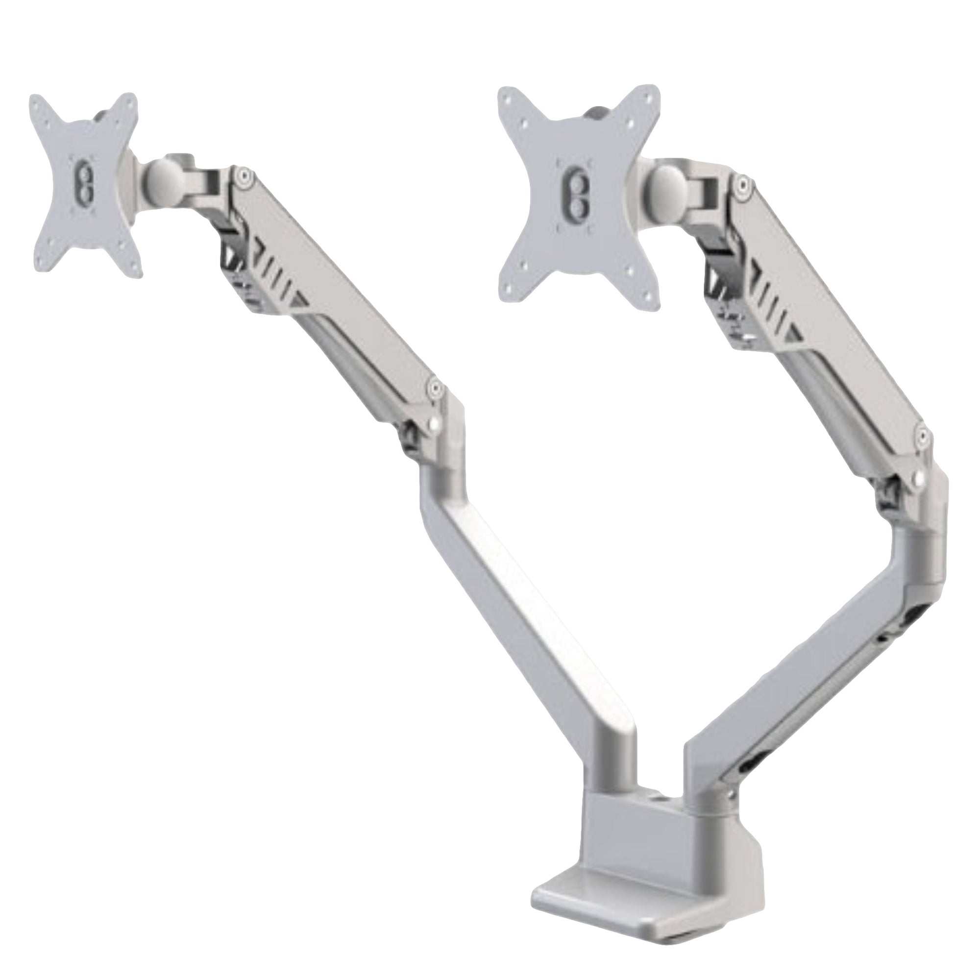 A metallic dual monitor arm with two adjustable, articulated arms connected to a central column. Each arm has a mounting plate with four holes for attaching monitors. The design features cut-out patterns for weight reduction and aesthetic appeal, allowing for ergonomic positioning of monitors at various angles and heights