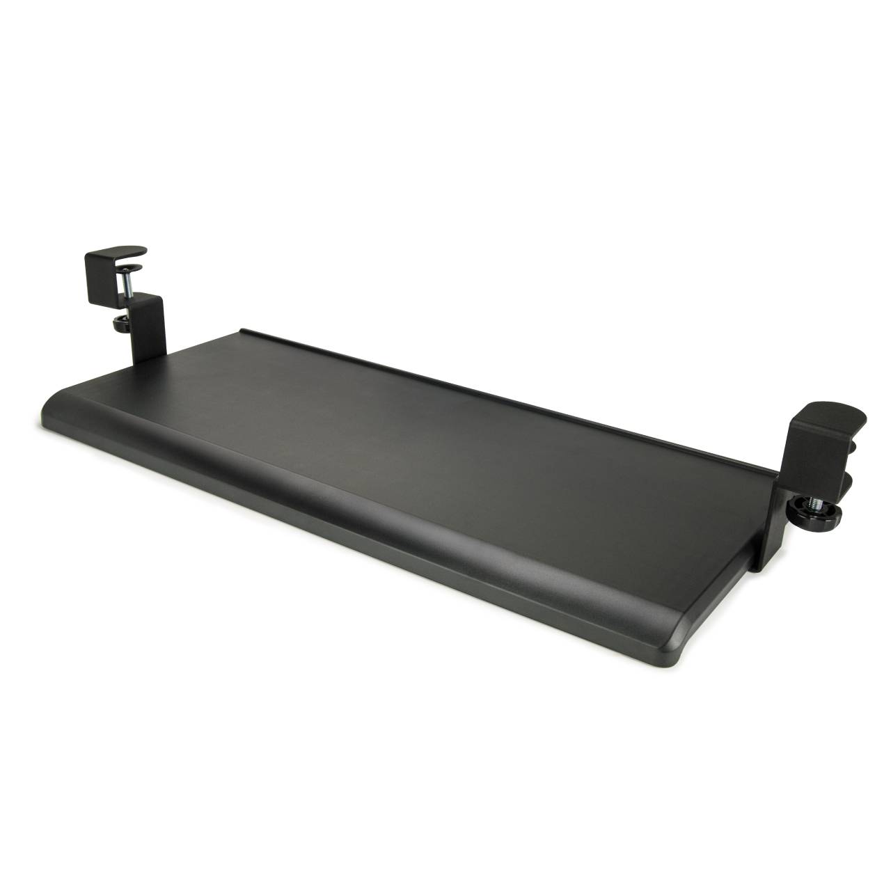 a flat black keyboard tray designed to attach under a desk. It has rectangular surface with rounded corners and is supported by two metal clamps on either side, for adjusting as necessary