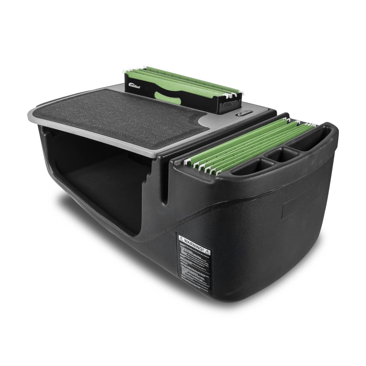 a desk is made of black plastic with a flat, sturdy work surface on top. It features a green hanging file holder on the front side and is designed to sit securely on a car’s passenger seat. This setup allows for easy access to files and provides a writing surface while on the go