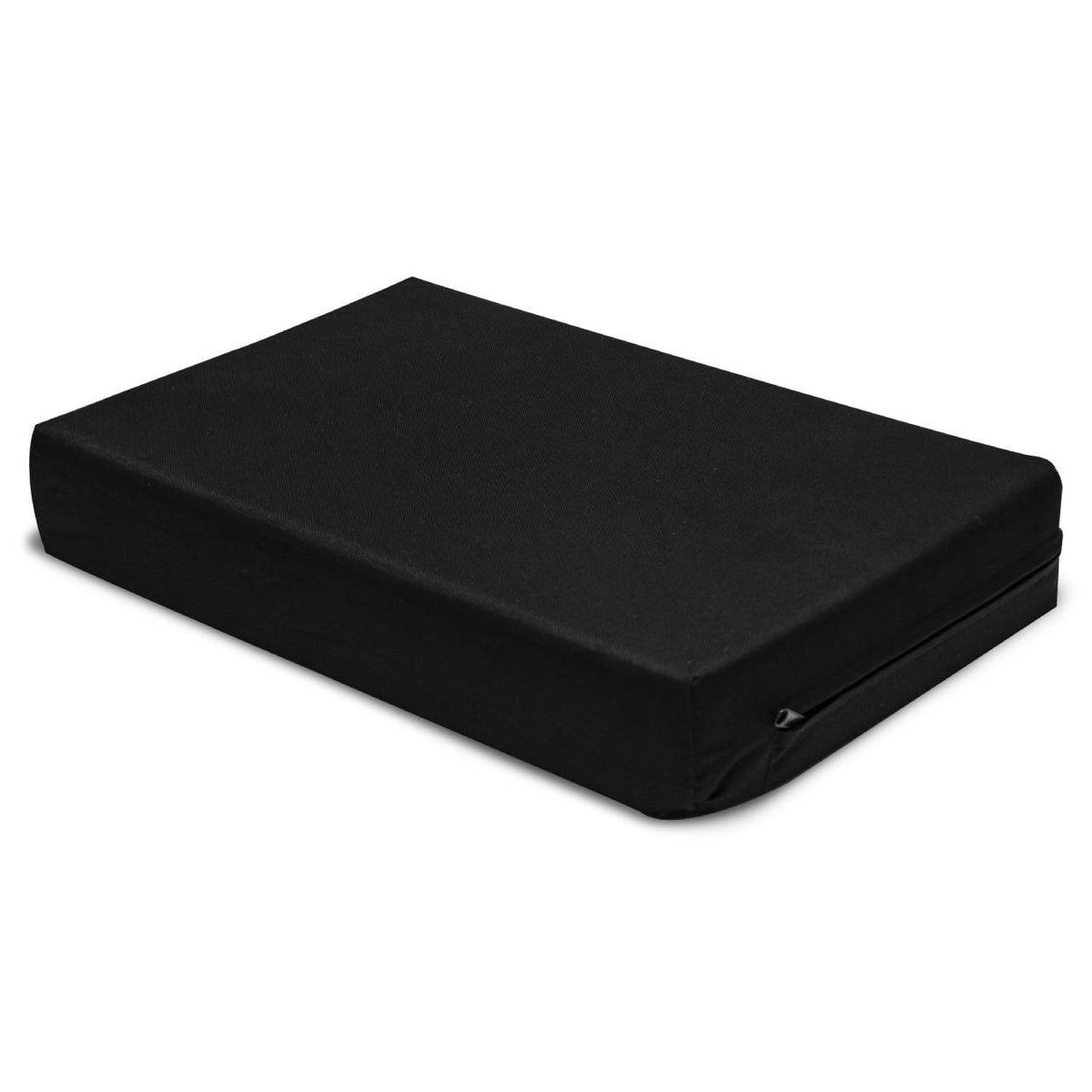 A black, rectangular cushion/firm support pad with a smooth surface, slightly tapered towards the bottom, and rounded edges and corners