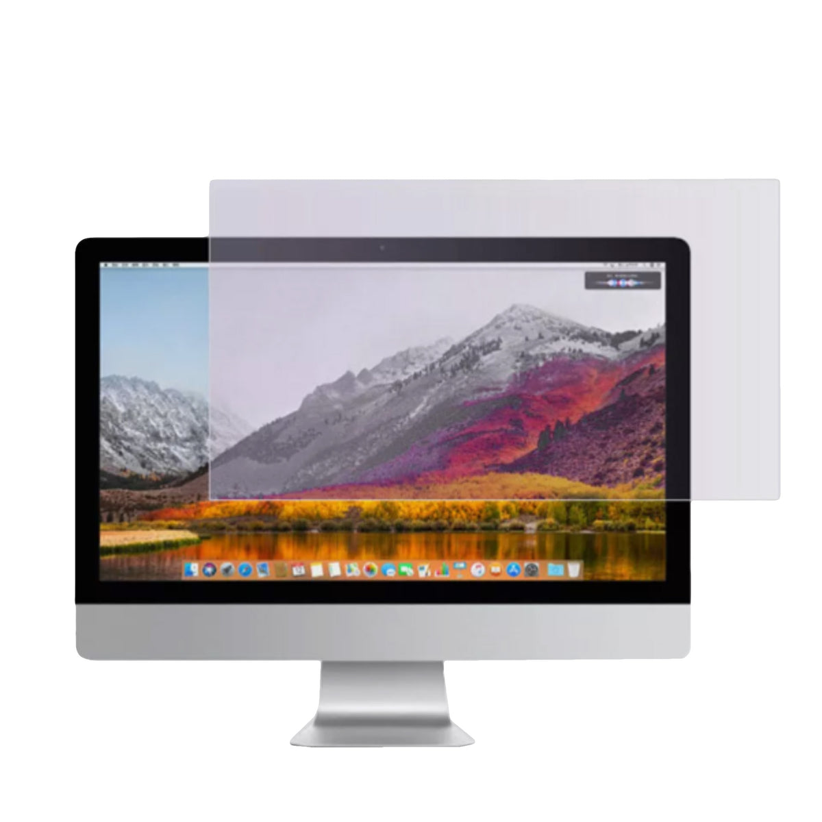 A clear, glossy glare screen protector is positioned directly in front of an iMac computer monitor. The monitor displays a vibrant wallpaper featuring a mountainous landscape with autumn-colored trees in the foreground and snow-capped peaks in the background, under a blue sky with light cloud cover