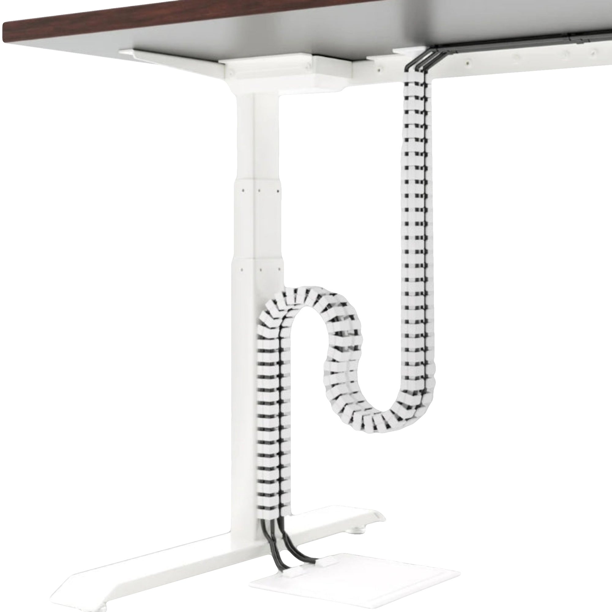 a white Magnetic Cable Manager system attached to a brown desk with white legs. The cable manager consists of a series of black, flexible segments that form a chain-like structure. It extends from the underside of the desk to the floor, effectively organizing and concealing cables that run from the desk to power sources or other devices