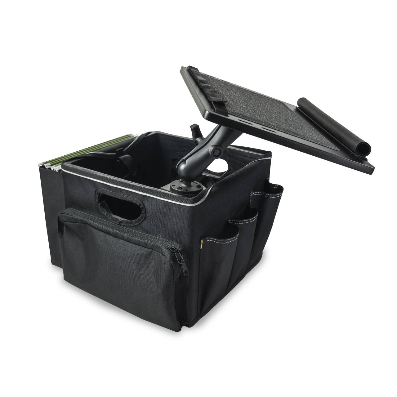 a black workstation vehicle organizer designed for in-car use. It features multiple compartments for storage, including a side pocket. An adjustable laptop tray with a tilting top is mounted on a sturdy stand, allowing for ergonomic positioning of a laptop