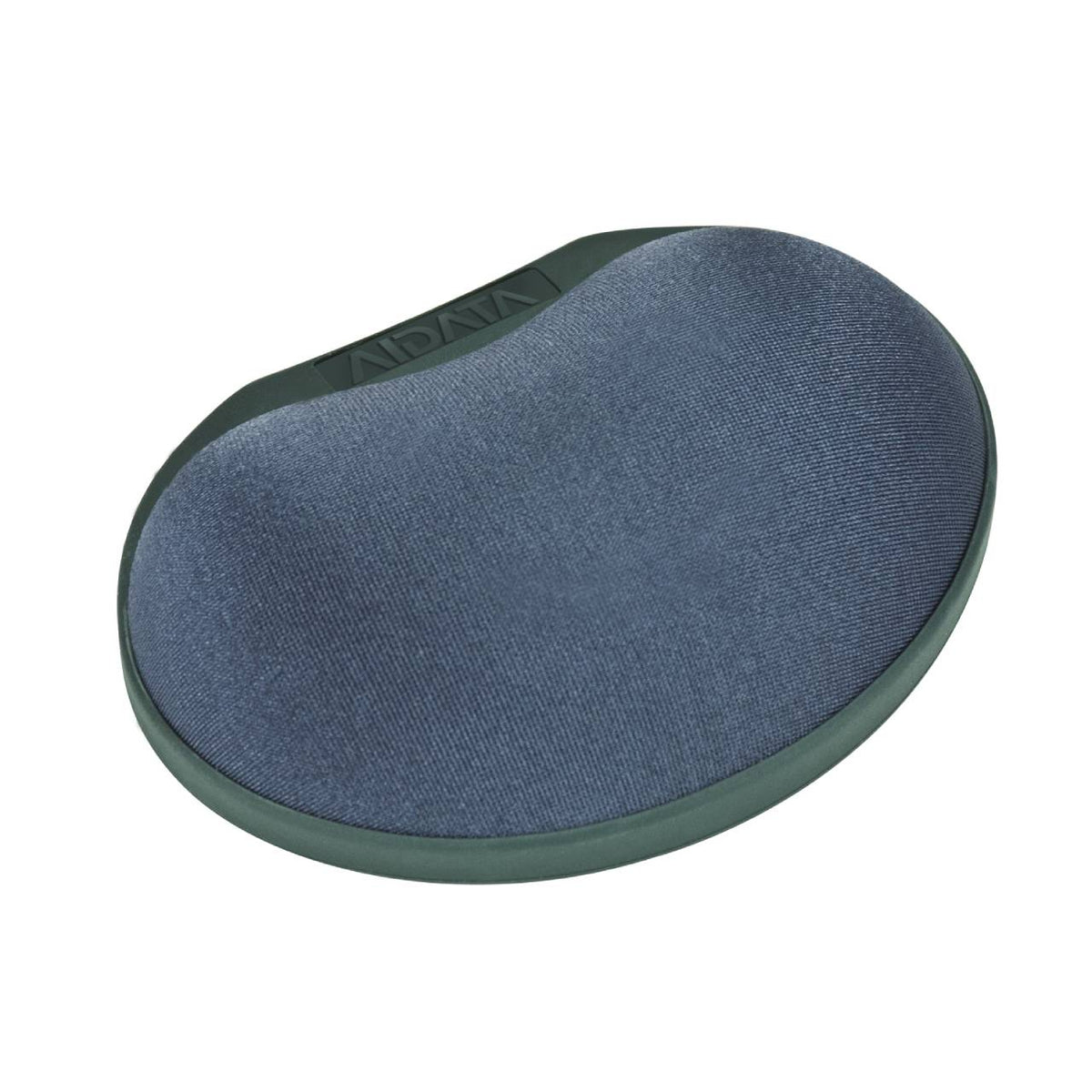 a kidney bean shaped gel wrist rest with dark gray fabric on a black base