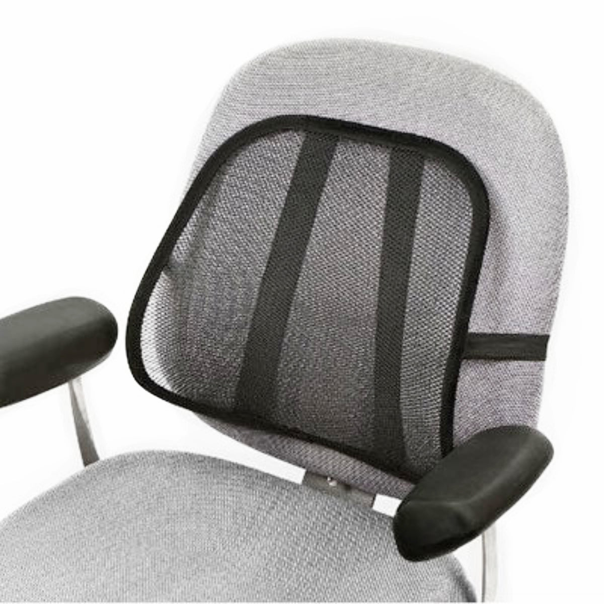 An office chair with a gray fabric seat and a black mesh backrest. The chair features black armrests and two vertical black straps on the backrest for lumbar support. The chair is set against a white background