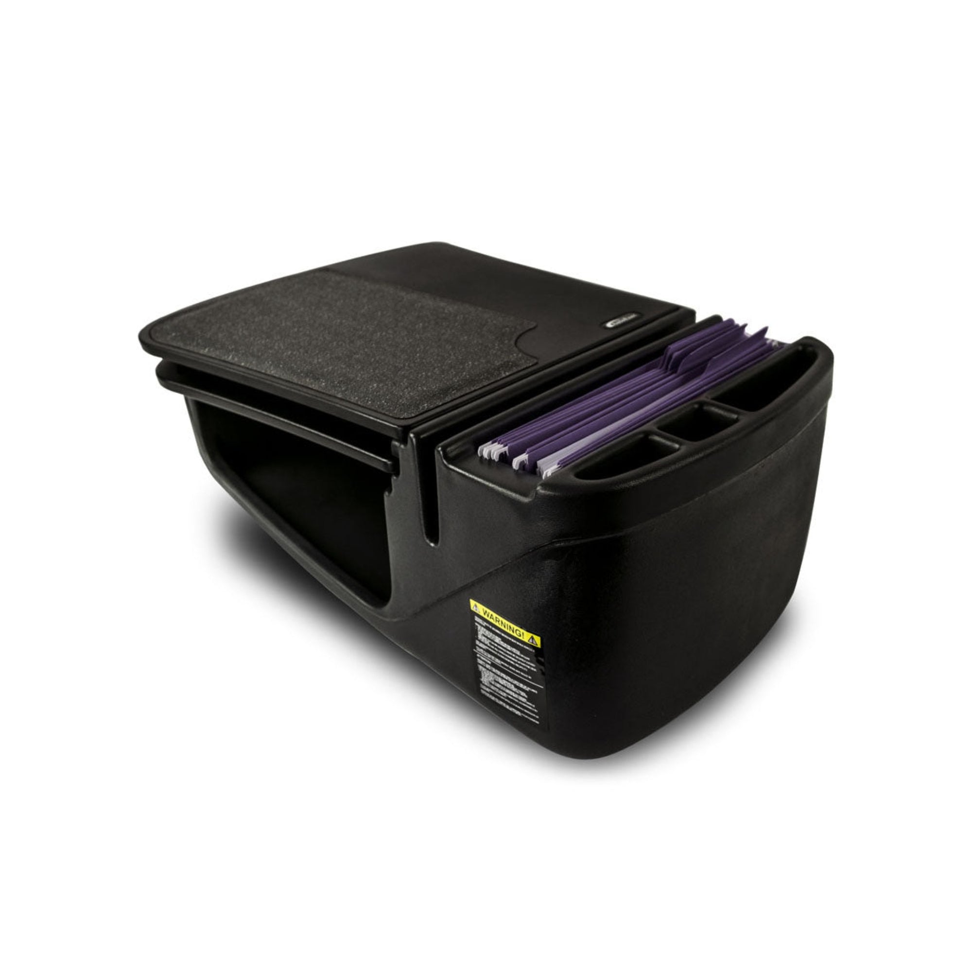 a desk made of black plastic with a flat, sturdy work surface on top. This features a rubber grip for things like laptops, smart phones, or folders. It has a purple hanging file holder on the front side and is designed to sit securely on a car’s seats. This desk also features a black plastic slide out workspace extension under the main work surface. The setup allows for easy access to files and provides a writing surface while on the go