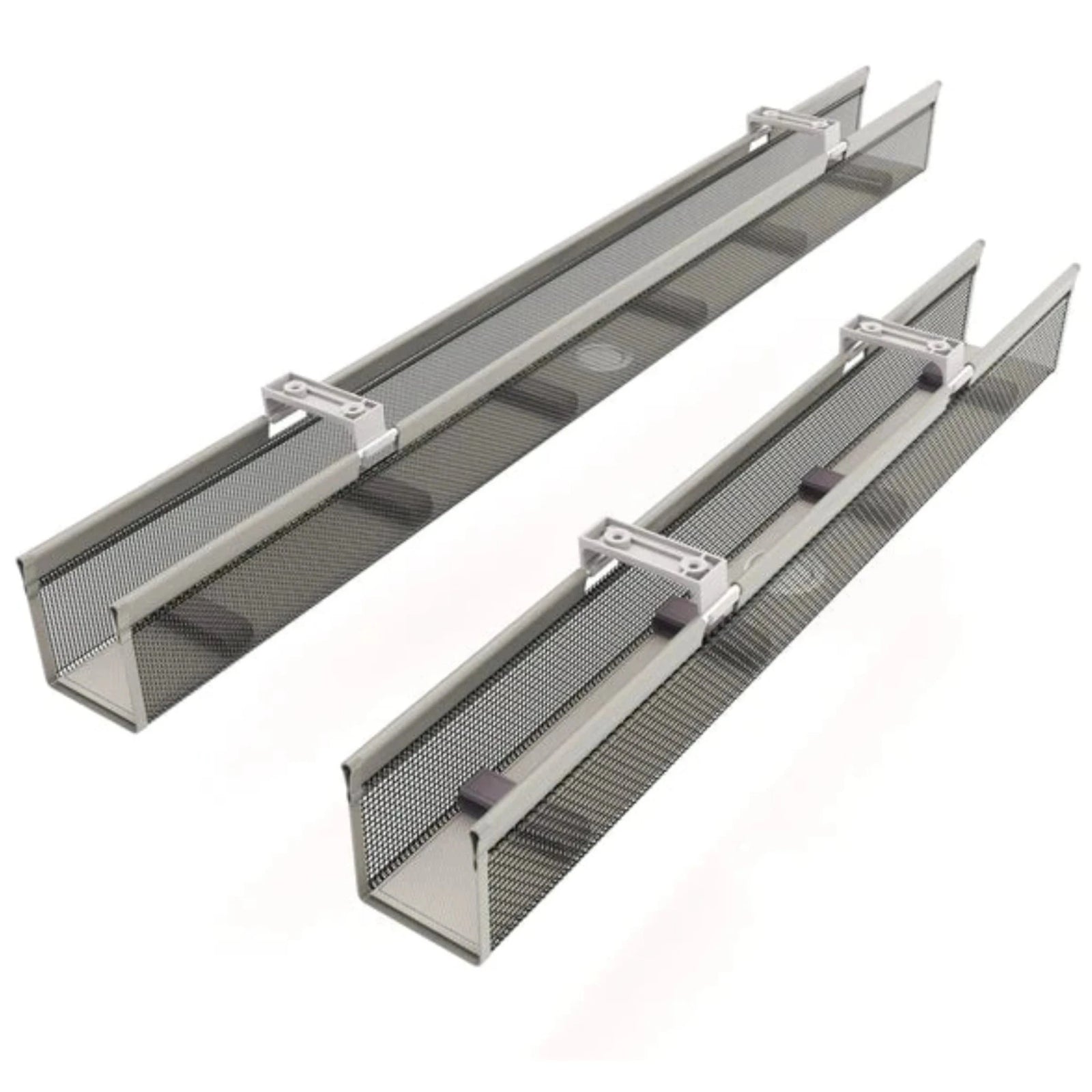 two elongated, open-top containers with a mesh design, used for managing and concealing cables in an organized manner. Each trough has uniform square openings for ventilation and visibility of the cables inside, and is equipped with mounting brackets on the ends for secure attachment