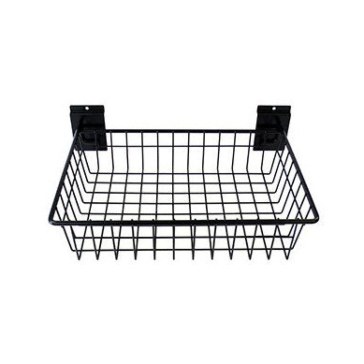 a large sized black metal basket with a wide rectangular shape and a depth to hold many items, the back of the basket has two wall hooks with a screw hole