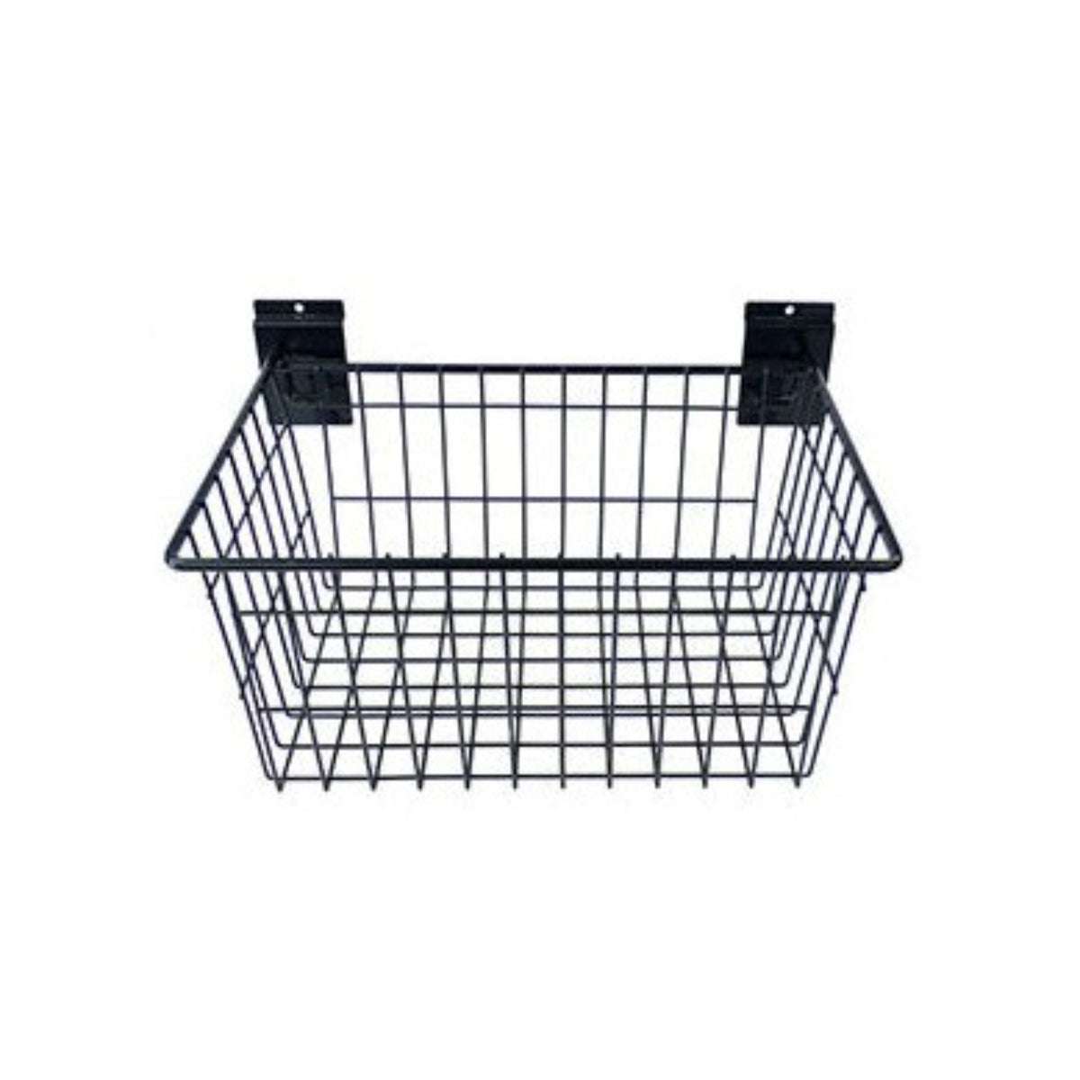 a medium sized black metal basket with a rectangular shape and a depth to hold several items, the back of the basket has two wall hooks with a screw hole