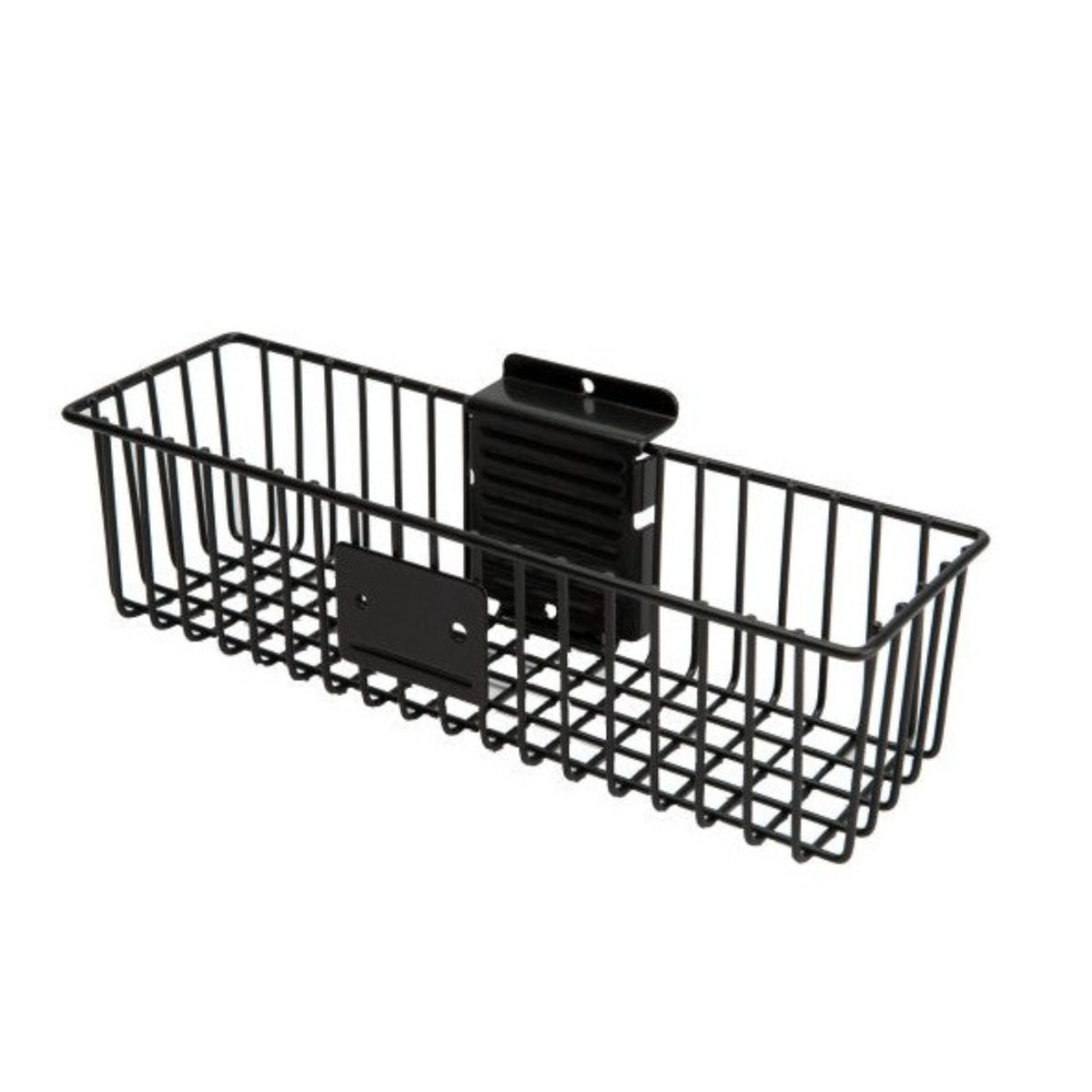 a small sized black metal basket with a long rectangular shape and a shallow depth, the back of the basket has two wall hooks with a screw hole