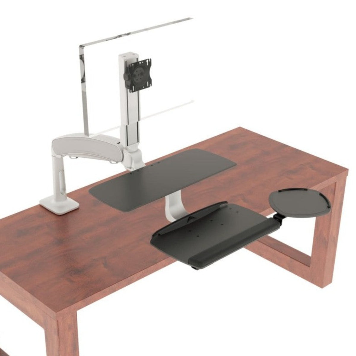 A standing desk converter with a dual-tiered design with a keyboard area, monitor platform, and an extending monitor arm. There’s also a side platform for a mouse. The desk has a wood finish with white and black accessories