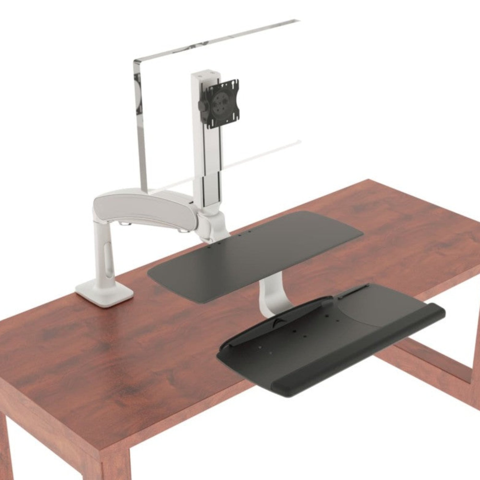 A standing desk converter with a dual-tiered design with a keyboard area, monitor platform, and an extending monitor arm. There’s also a side platform for a mouse. The desk has a wood finish with white and black accessories