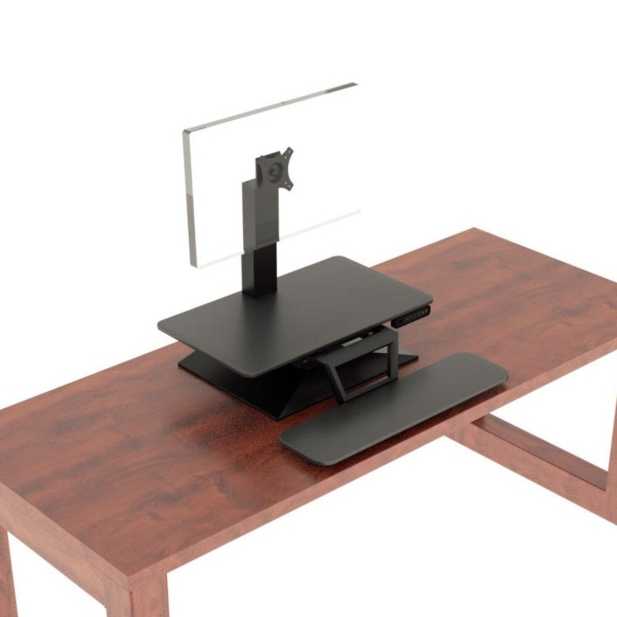 An adjustable Solace Electric standing desk converter placed on a wooden table. It features a two-tiered design with a lower keyboard tray and an upper shelf holding a transparent monitor stand. The device is compact, with a sleek black finish, contrasting the warm brown tones of the table