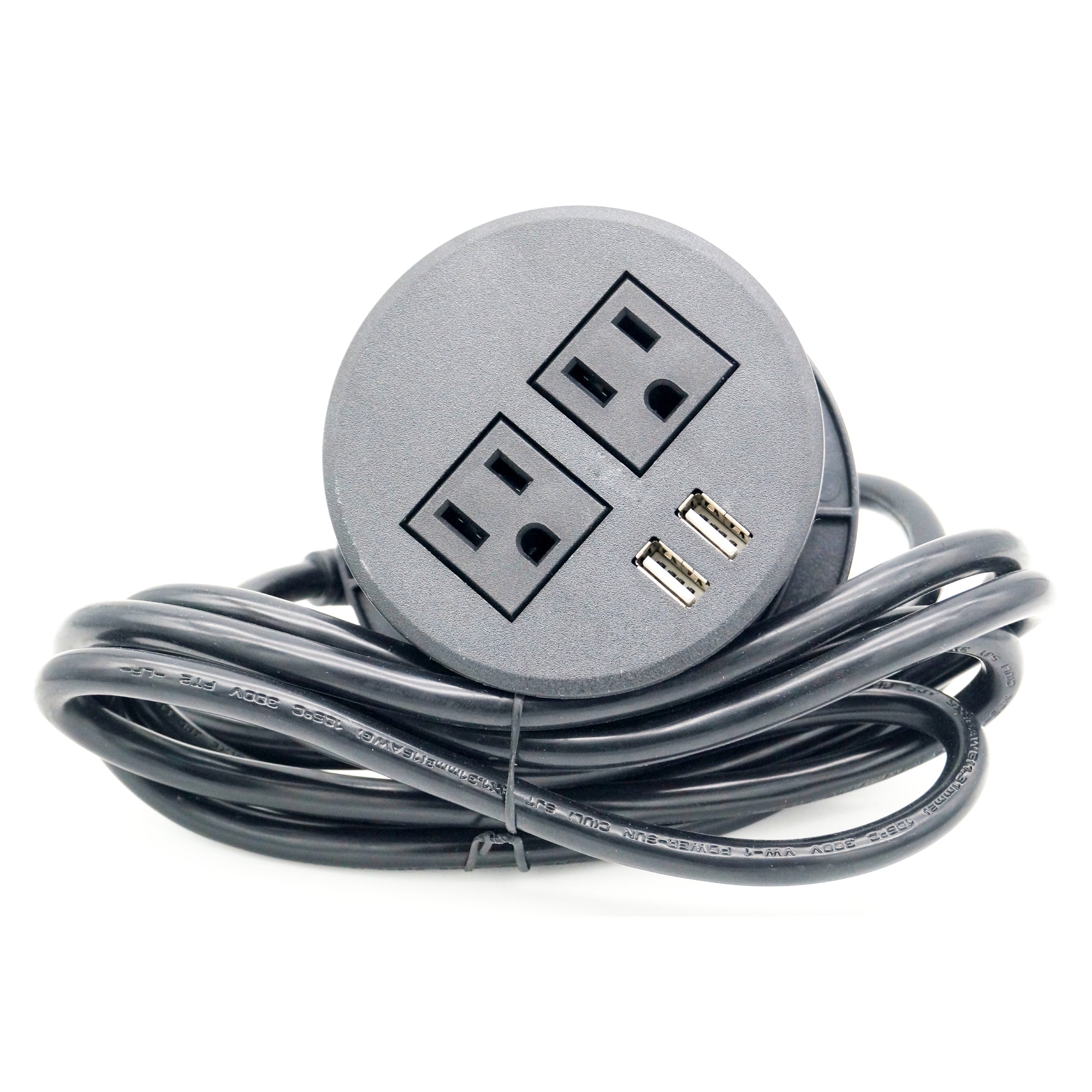 a round, gray power strip with three electrical outlets and two USB ports. It’s coiled with a black cable and is set against a white background. This device is typically used to extend power supply and allow multiple electronic devices to be plugged in simultaneously.