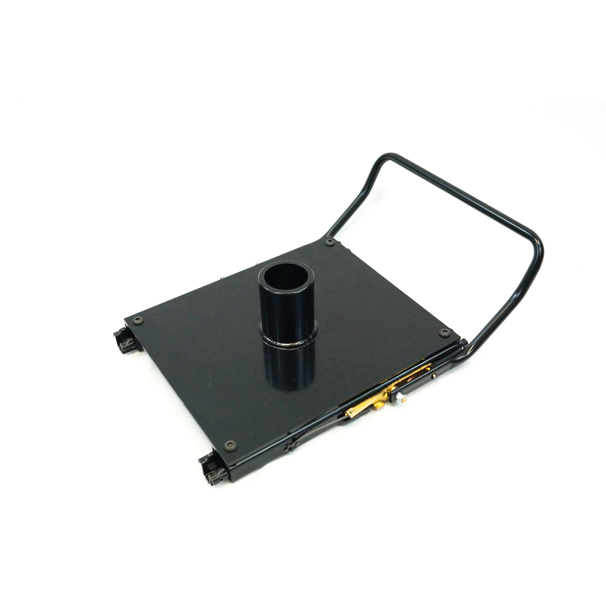 a black, square-shaped sliding seat base featuring a central cylindrical attachment and a metal handle attached to one side