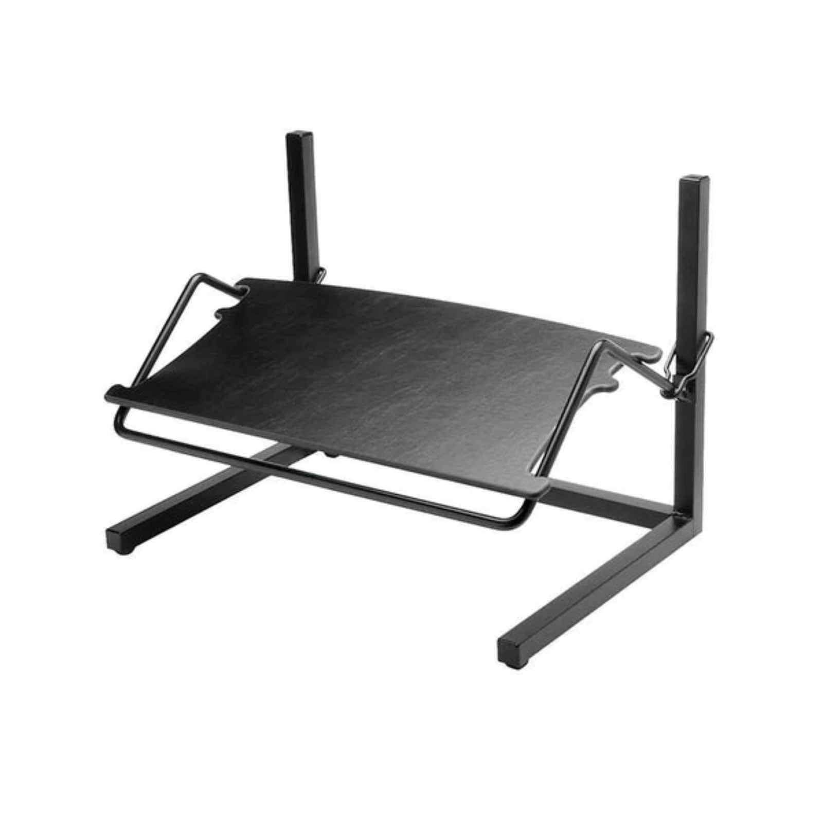 An adjustable Height & Angle FootRester™ designed to be placed under a desk, with height and angle controls.