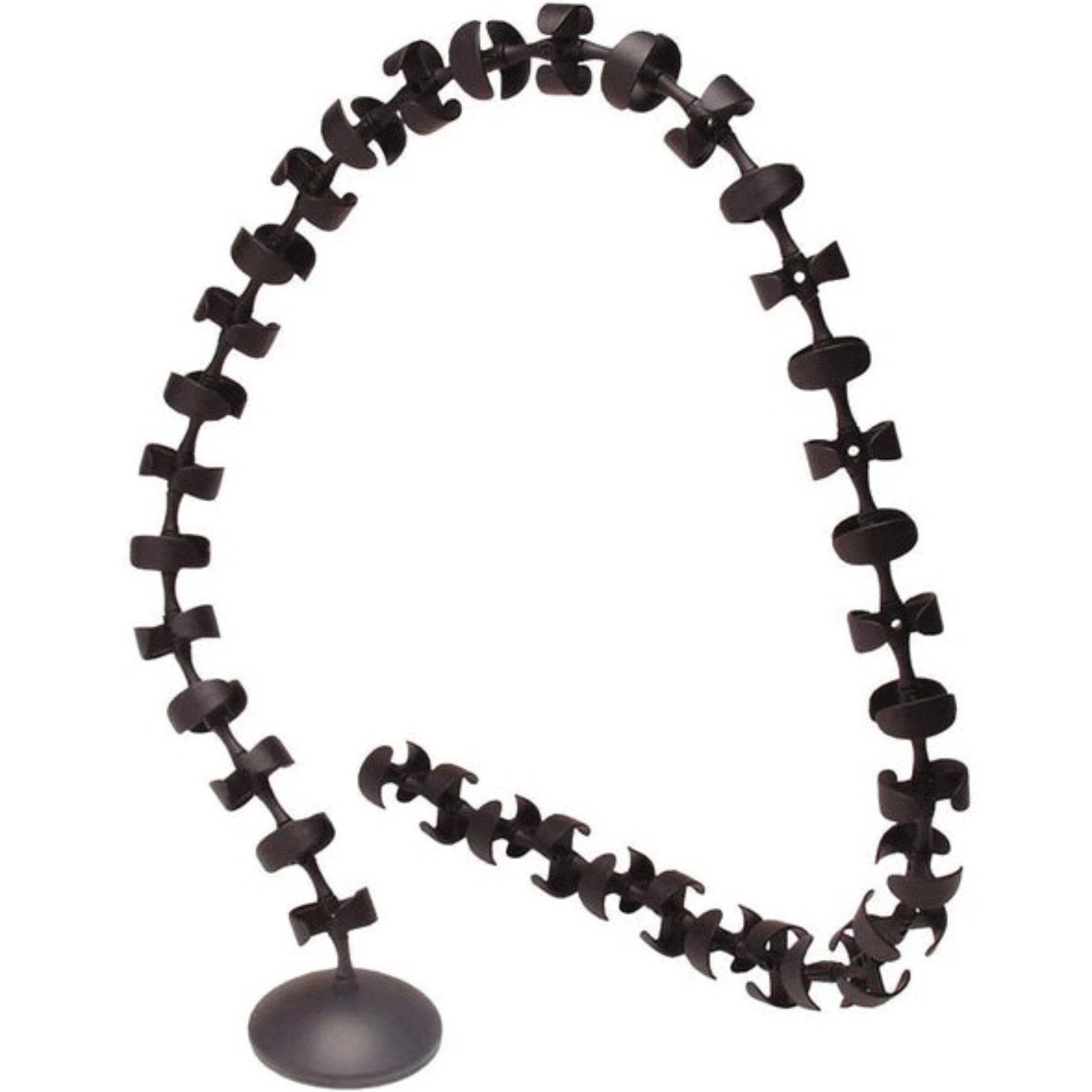 a black, flexible Round Cable Manager with multiple clips along its length. The cable manager is coiled into a loop and stands upright on a circular base. This item is designed for organizing and securing cables to create a tidy workspace or living area, preventing tangling and damage to the wires