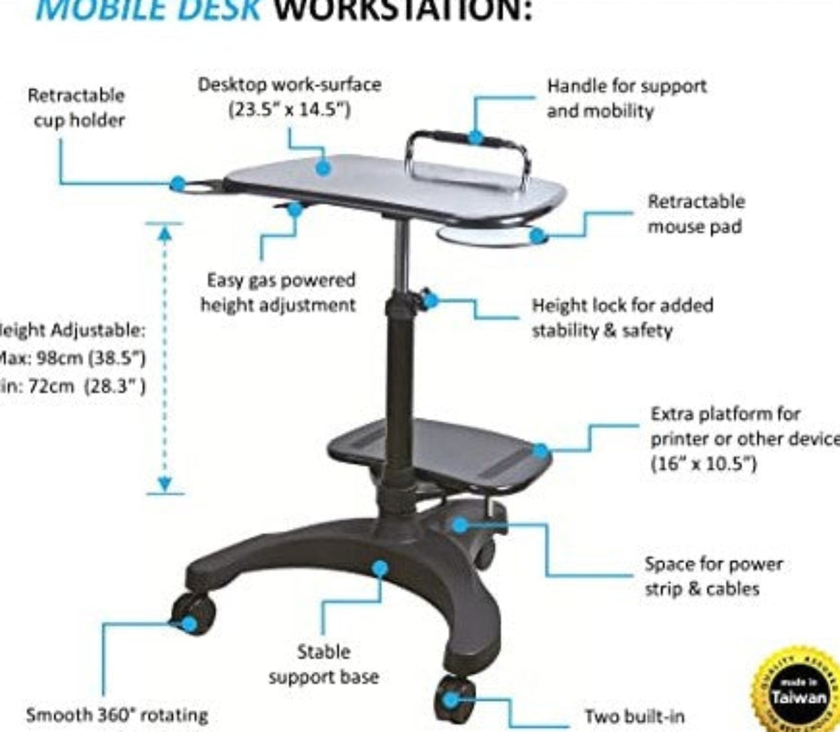 Sit/Stand Mobile Laptop Workstation w/Printer Shelf with Glass top