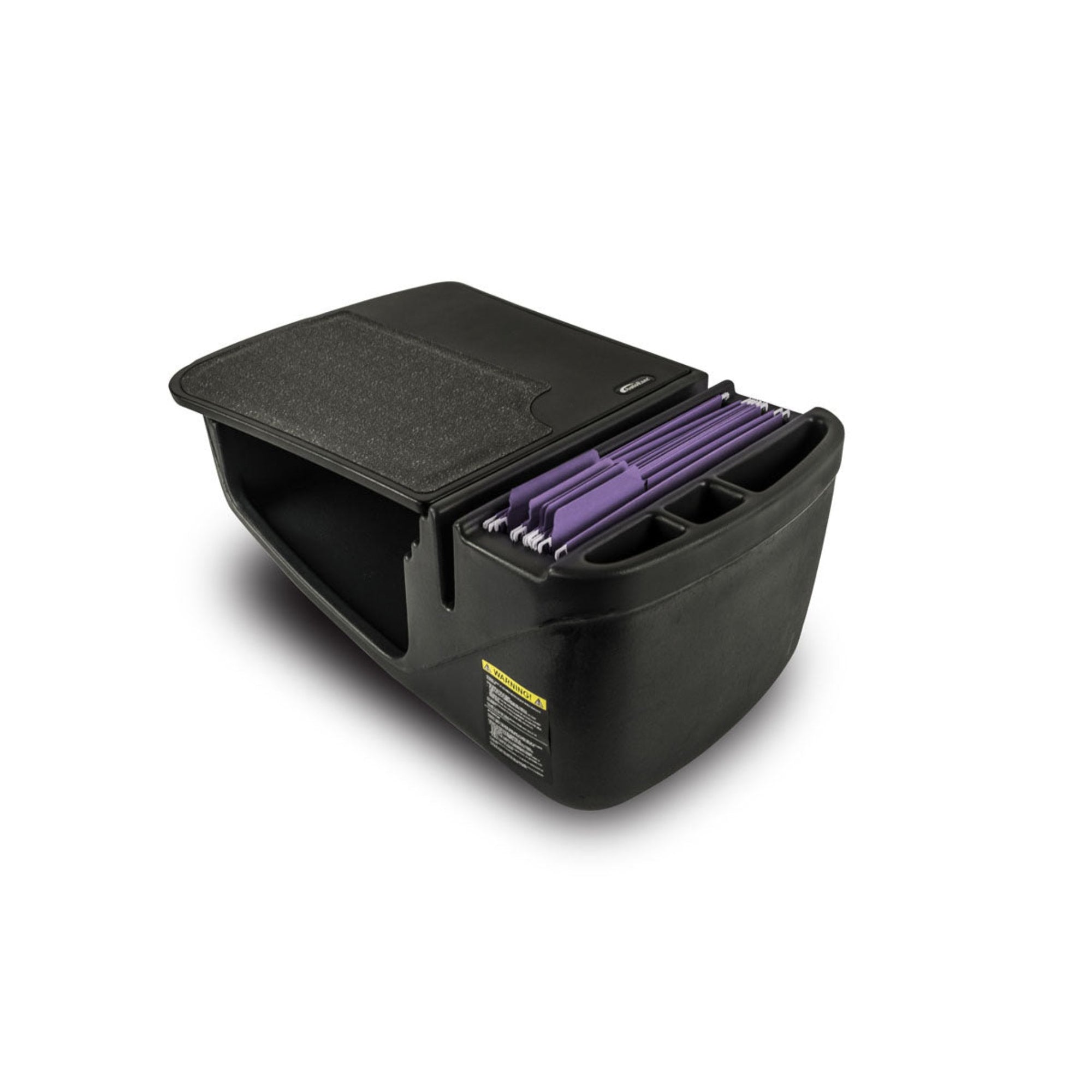 a desk made of black plastic with a flat, sturdy work surface on top. This features a rubber grip for things like laptops, smart phones, or folders. It has a purple hanging file holder on the front side and is designed to sit securely on a car’s seats. This setup allows for easy access to files and provides a writing surface while on the go. 